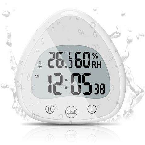 Horloge de Salle de Bain，Triomphe LCD Alarme Numérique avec Horloge de Douche Tactile étanche, Minuteries étanche Thermomètre Horloge d'affichage Portable avec Ventouse pour Cuisiner, Apprendre