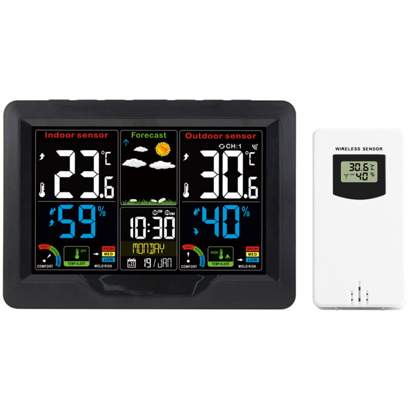Lifcausal - Horloge de station de prévision météo sans fil Horloge à écran couleur rf intérieure et extérieure avec émetteur rf Détection numérique