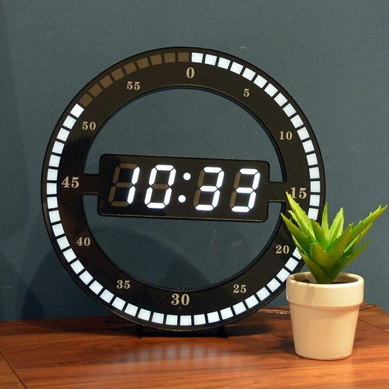 Horloge de table numérique led silencieuse - Horloge murale électronique noire - Horloge de bureau ronde - Pour chambre à coucher, salon et bureau