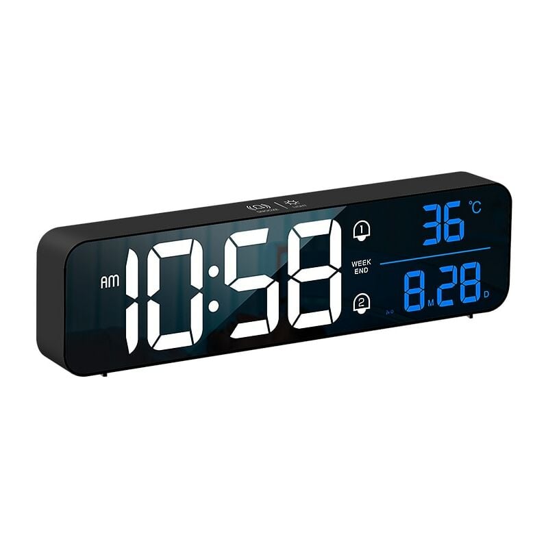 Horloge de table ou murale avec écran LED HD, multifonction, date, jour, heure et température affichées simultanément, 26 cm, Noir