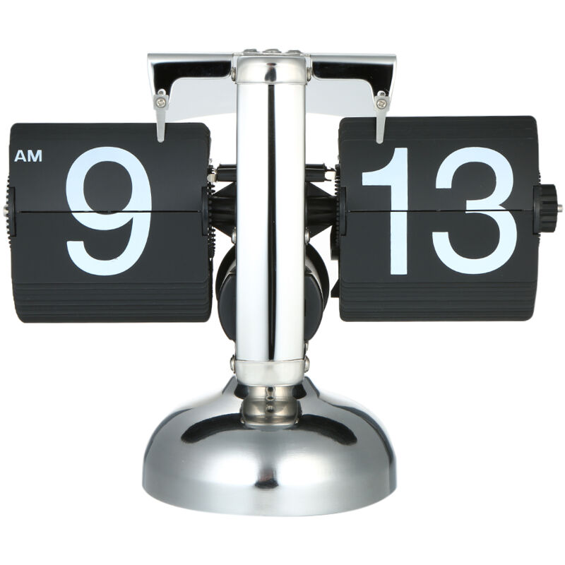 Horloge de table à petite échelle Horloge rétro à bascule en acier inoxydable Horloge à quartz à engrenage interne à bascule Noir/Blanc