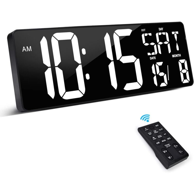 Horloge Digitale avec Télécommande, 16,5'' LED Horloge Murale Digitale, Reveil Numerique à Luminosité Réglable, Horloge Murale Numérique avec
