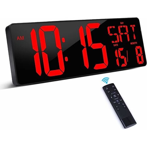 Horloge Digitale avec Télécommande, 16,5'' LED Horloge Murale Numérique, Reveil Numerique à Luminosité Réglable, Horloge Numérique Murale avec Heure/Date/Température