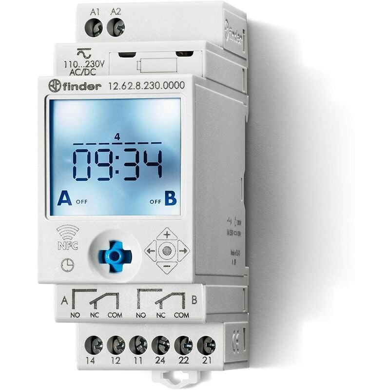 Horloge digitale hebdomadaire nfc 2 interrupteurs 16A Finder 12.62