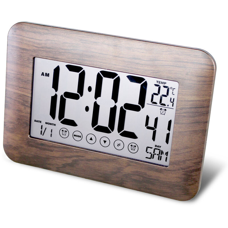 Fishtec - Horloge Ecran Tactile Ultra Plat - Réveil Radiopiloté - Grands Chiffres - Alarme + Température - Effet Bois