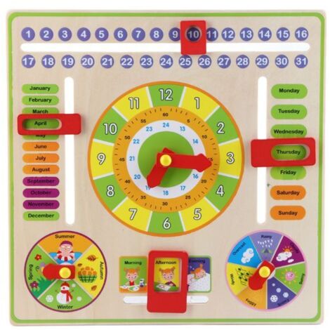 Horloge éducative en bois multifonctionnelle pour enfants : heure, date, saison, météo.