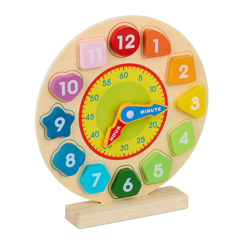Relaxdays Horloge éducative en bois pour enfants, apprendre l'heure, à partir de 3 ans, horloge colorée