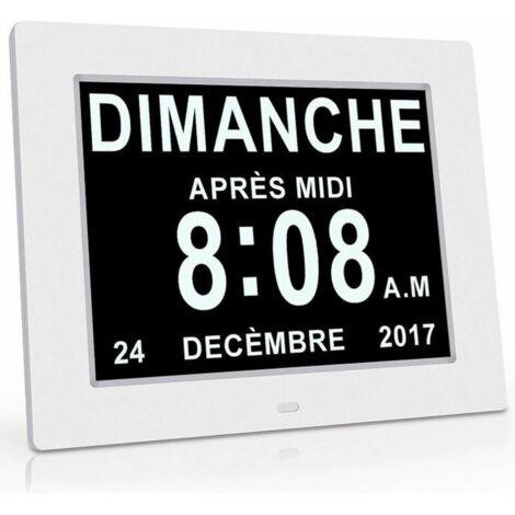 VERSAILLESFR Horloge électronique à affichage LCD, affichage clair et grand caractère, gradation automatique, horloge de conversion en huit langues (blanc)