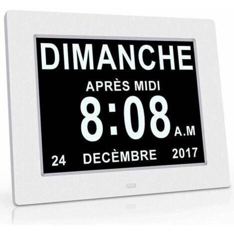 Horloge électronique à affichage LCD, affichage clair et grand caractère, gradation automatique, horloge de conversion en huit langues (blanc)