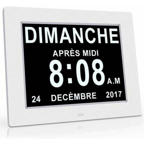 Horloge électronique à affichage LCD, affichage clair et grand caractère, gradation automatique, horloge de conversion en huit langues (blanc)