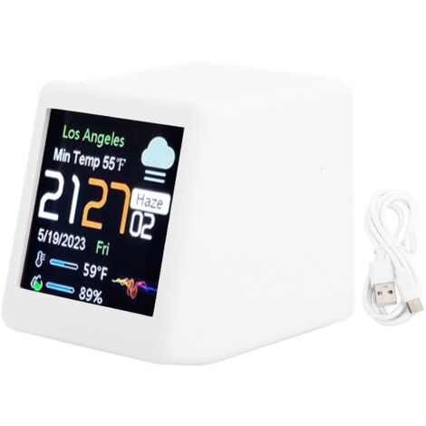 Horloge Électronique de Bureau LCD - Affichage Numérique, Calendrier, Température, Station Météo WiFi - Support Réseau WiFi - Blanc - 45 x 40 x 35mm