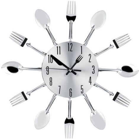 Horloge en acier inoxydable et fourchette cuillère Horloge murale Cuisine Décoration Argent Mothinseeto