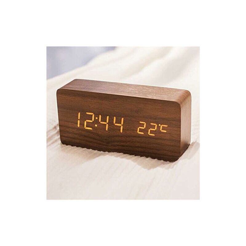 Horloge en bois créative, réveil électronique led multifonctionnel, horloge en bois à commande sonore, horloge numérique silencieuse en bois