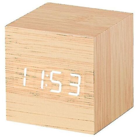 Horloge en bois, horloge électronique créative, horloge numérique carrée, mini réveil, thermomètre, horloge de chevet (heure, date, température) -C