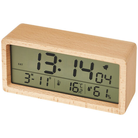 Horloge en bois massif, horloge multifonction simple, veilleuse, réveil en bois à grand écran - jaune