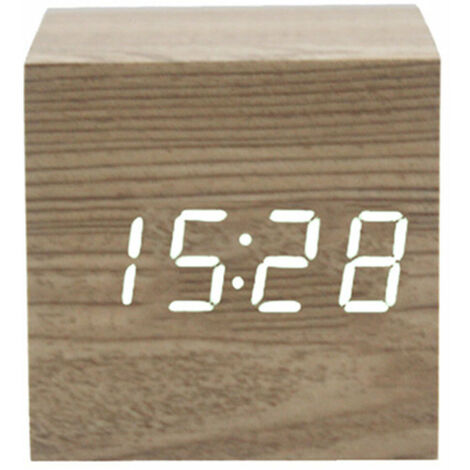 Horloge en bois multifonctionnelle LED Horloge numérique Camphre Grain de bois Horloge en bois Contrôle du son muet LED Réveil électronique Cadeau étudiant Horloge électronique Fonction heure et date Capteur activé par la voix