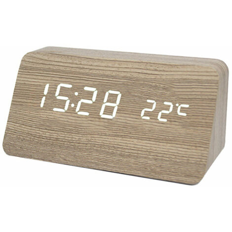 Horloge en bois multifonctionnelle LED Horloge numérique Camphre Grain de bois Horloge en bois Contrôle du son muet LED Réveil électronique Cadeau étudiant Horloge électronique Température Heure Fonction de date Commande vocale