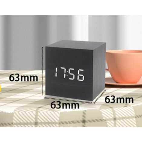 Horloge en bois noir avec chiffres blancs, alarme LED à clic et activation sonore (heure, date, température)