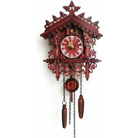 Horloge en forme de maison Horloge coucou à mouvement central seconde Horloge murale rétro en MDF pour décoration de salon chambre à coucher Horloge, rouge