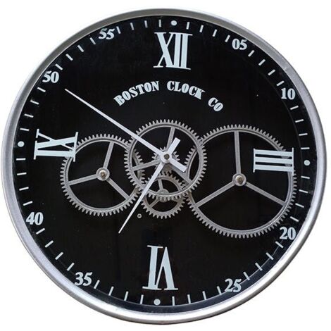 Horloge engrenages argent fond noir Boston