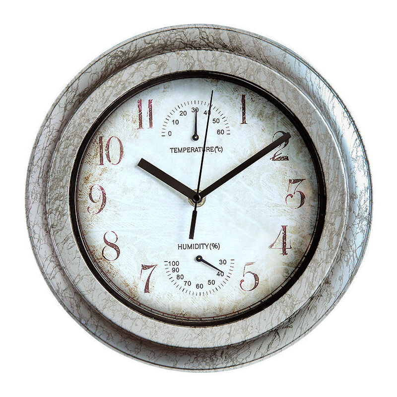 Horloge extérieure étanche avec thermomètre hygromètre, horloge murale en métal silencieuse sans tic-tac, horloge à piles pour piscine, jardin,