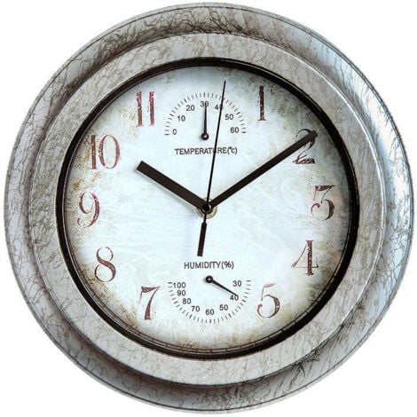 Horloge extérieure étanche avec thermomètre hygromètre, horloge murale en métal silencieuse sans tic-tac, horloge à piles pour piscine, jardin, terrasse, clôture, porche