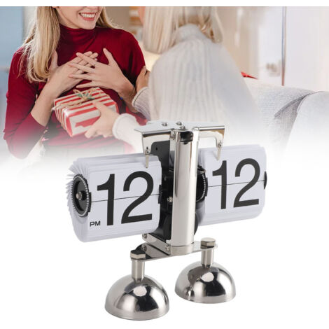 Horloge Flip Desk Retro Vintage Horloge Flip Digitale avec Cadre 304 Stainless Steel et PVC pour Décor Maison Bureau Cadre 304 Stainless Steel PVC et Deux Pieds Blanc