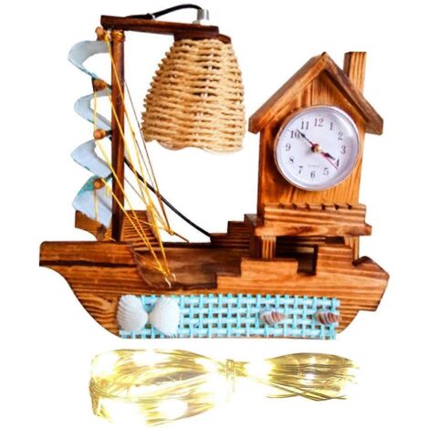 Horloge lampe en bois en forme de voilier avec une horloge bleue--