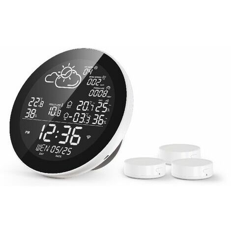 Horloge météo monobloc WiFi, WLAN thermomètre intérieur-extérieur sans fil avec 3 capteurs extérieurs avec écran LCD