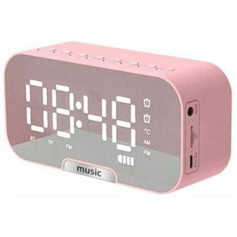 Horloge multifonctionnelle 5 en 1, haut-parleur BT, radio FM, réveil miroir numérique, affichage température, rechargeable - Rose