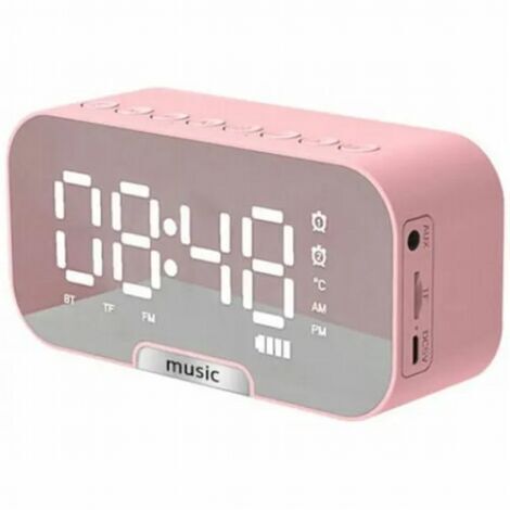 Horloge multifonctionnelle 5 en 1, haut-parleur BT, radio FM, réveil miroir numérique, affichage température, rechargeable - Rose