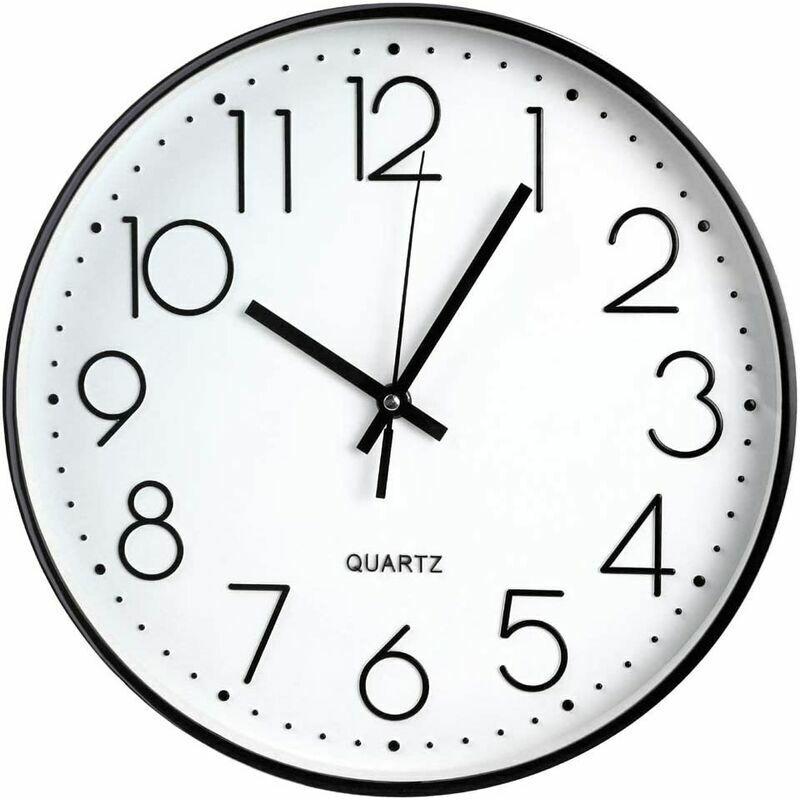 Horloge murale, 12 '' Horloges décoratives à quartz silencieux sans tic-tac, horloge ronde moderne à grand nombre (noir)