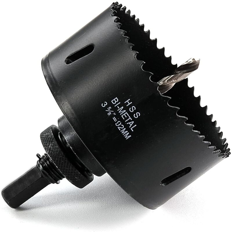 KZQ - Scie cloche 92 mm hss M42 bimétallique en acier rapide avec tige hexagonale et foret pour bois, cloison sèche et tôle métallique, noir