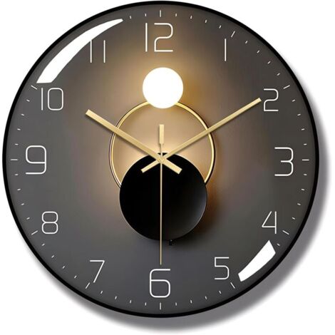 Horloge murale, 30 cm (12 pouces), silencieuse, ronde, grande horloge murale 3D en verre bombé, fonctionne à piles, horloge décorative pour salon, chambre, bureau, décoration murale – Noire-Crezuo