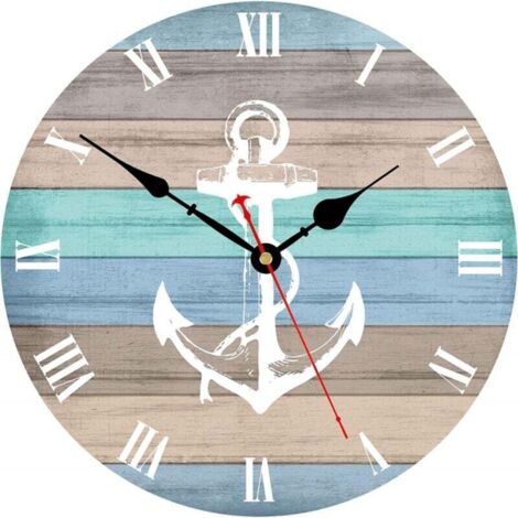 Horloge Murale 30cm Décorative Style Nautique Ancre Chiffres Romains Piles Silencieuses Facile à Lire