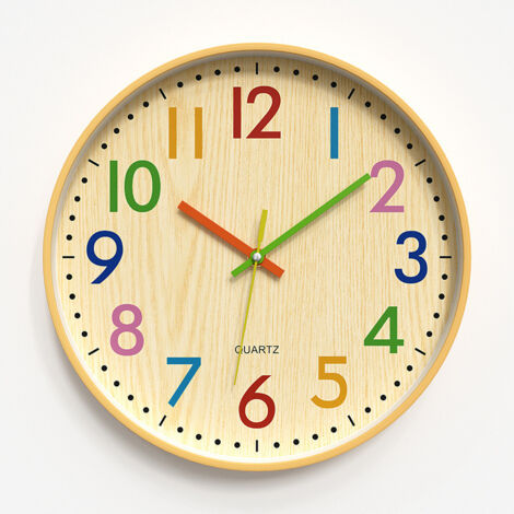 Horloge murale 30cm, motif bambou avec bord fin et chiffres colorés, silencieuse pour chambre d'enfant et salon