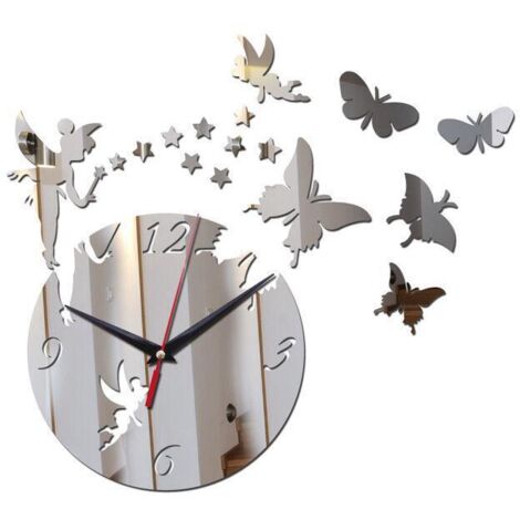 Horloge murale 3D effet miroir, motif fée et papillon, décoration d'intérieur pour salon, chambre d'enfant, design moderne, silencieuse (argent)