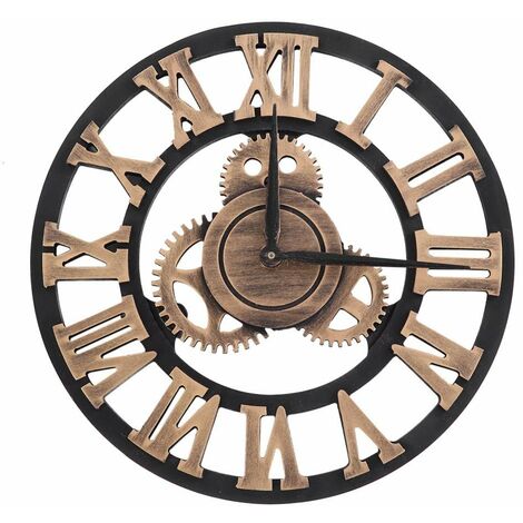 Horloge Murale 3D Rustique Faite à la Main en Bois Décor Vintage pour Salon/Bureau/Bar 58cm Or