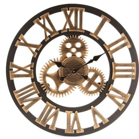 Horloge Murale 3D Vintage Gear Grand - Bois - Décor or - 60 cm