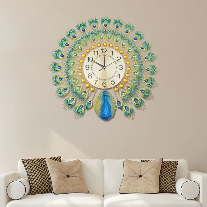 Horloge murale 3D vintage paon Grande horloge murale silencieuse sans tic-tac sans pile 60 cm Horloge paon en métal pour salon, chambre à coucher,