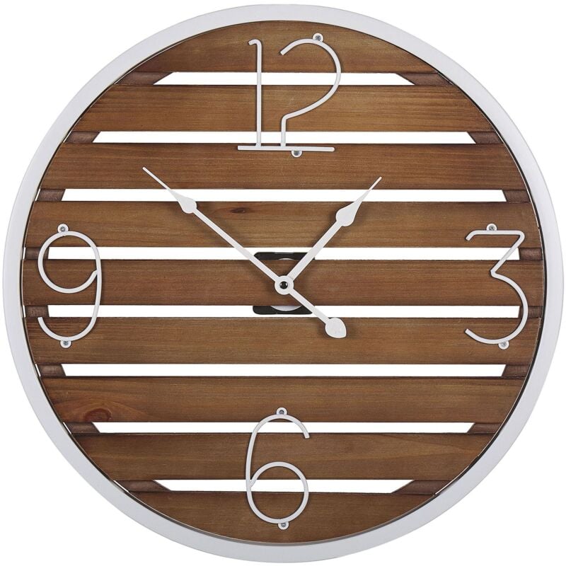 Beliani - Horloge Murale en Bois de Sapin avec Cadrant Noir et Chiffres en Métal Blanc de Style Rustique ou Industriel pour Intérieur Design