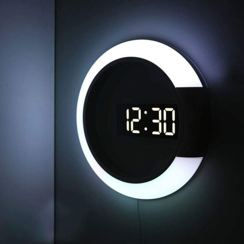 KZQ - Horloge murale à led, télécommande créative, horloge numérique, miroir creux, alarme de température, 7 couleurs changeantes, veilleuse pour la