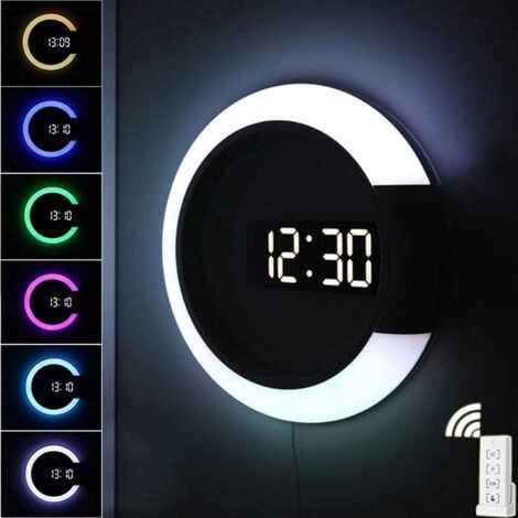 Horloge murale à LED, télécommande créative par USB, horloge numérique, miroir creux, alarme de température, RVB 7 couleurs changeantes, 12/24H, température, 3 luminosités pour la maison, le bureau