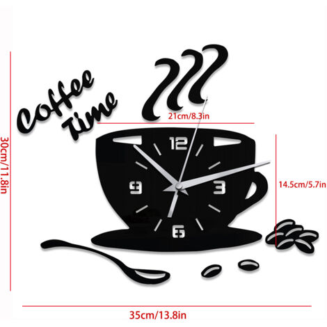 Horloge Murale Acrylique DIY Mute 35x30cm Noir Digital En Forme De Café Creuse Collant Adhésif Design Modern Miroir