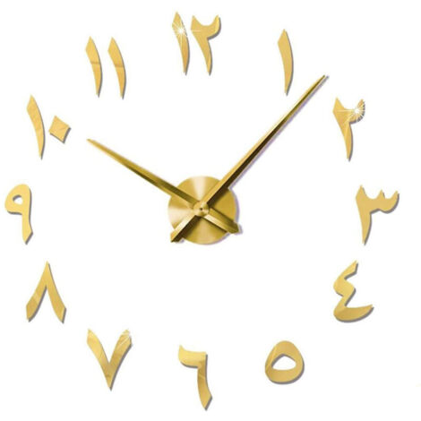 Horloge Murale Arabe 3D Grand Muet Moderne DIY - Cadeau de Décoration - Salon Bureau à Domicile (Or)