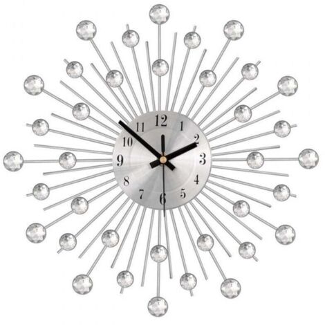 Horloge Murale Argenté 56cm avec Strass Design Moderne Silencieuse pour Salon Chambre