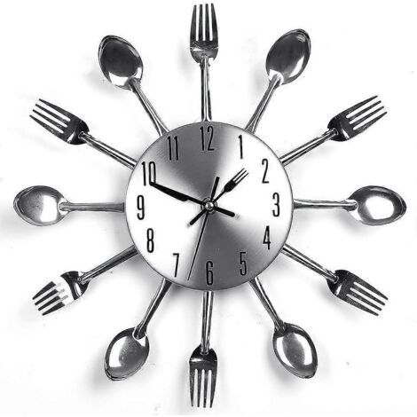 Horloge murale argentée en acier inoxydable avec couverts, fourchettes, cuillères et spatule teintées, pour la cuisine intérieure et extérieure.
