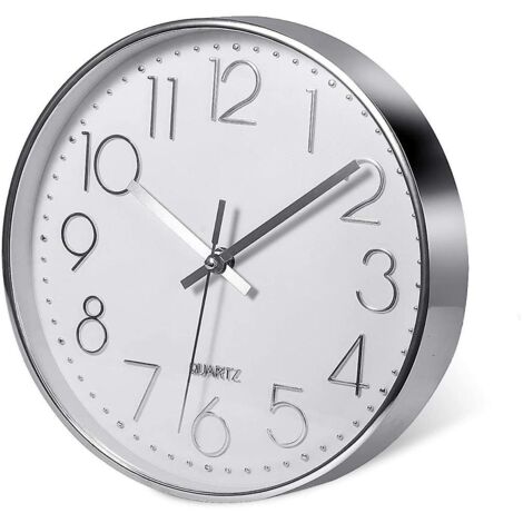 Horloge murale argentée haut de gamme, décoration murale, horloge murale moderne et silencieuse pour la maison, le bureau ou la cuisine (25 cm)