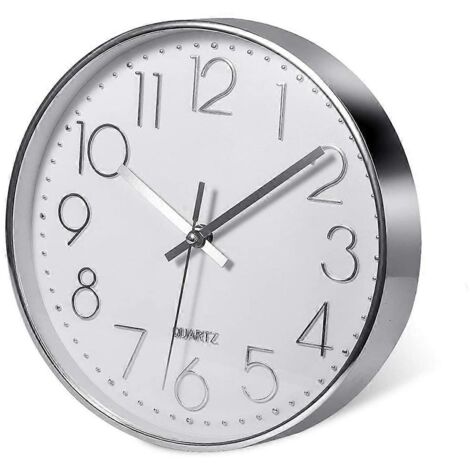 Horloge murale argentée haut de gamme, décoration murale, horloge murale moderne et silencieuse pour la maison, le bureau ou la cuisine (25 cm)