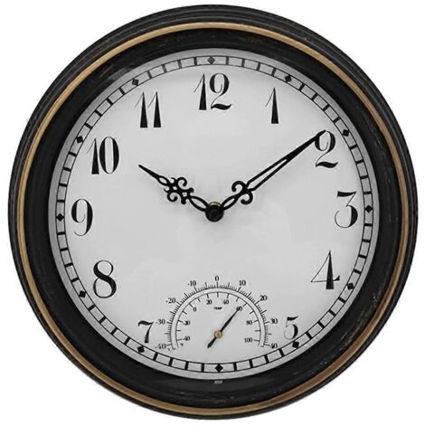 Horloge murale avec thermomètre IP44, horloge de jardin ronde vintage ---
